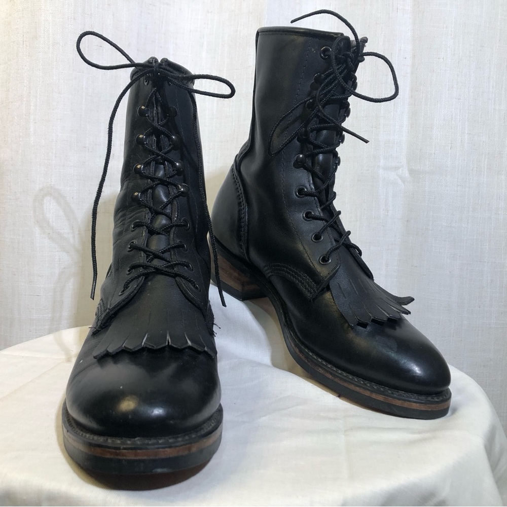 Vtg Durango Black Leather Lace-Up Fringe Kiltie Packer Boots